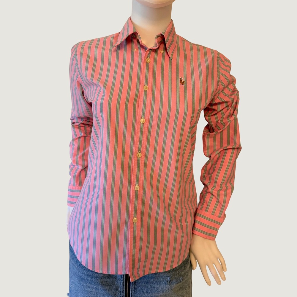 Ralph Lauren Womens Slim Fit Button Down Shirt Pink Green Striped Cotton Size 4